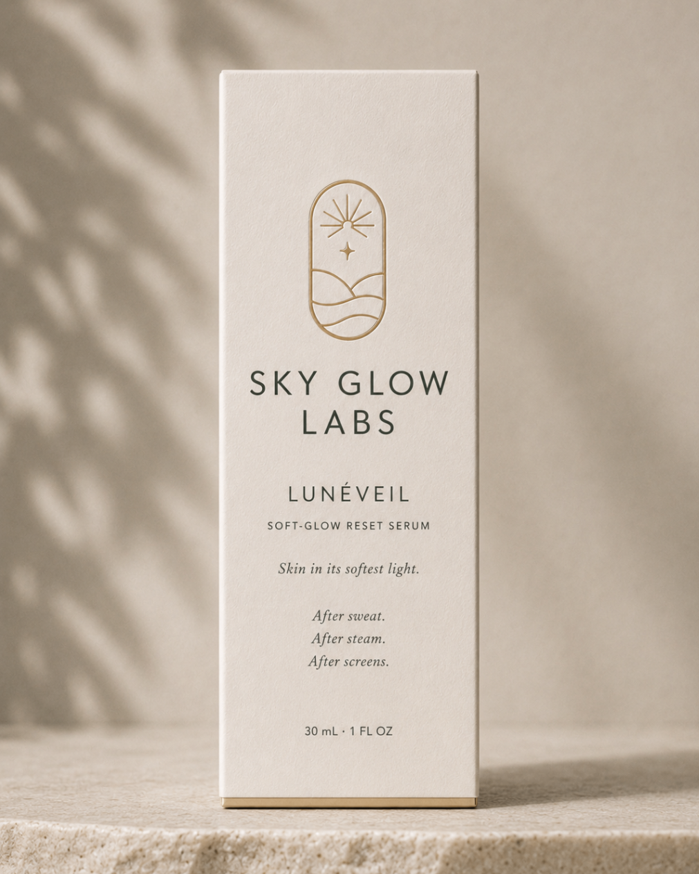 Lunéveil carton front with Sky Glow Labs branding